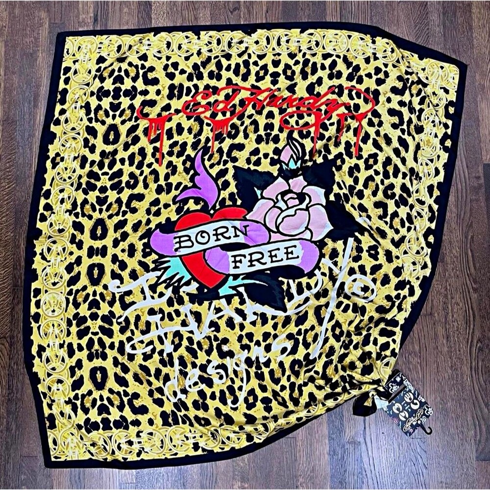 Ed Hardy Born Free Animal Print Satin Scarf Head Wrap Leopard Cheetah Gold